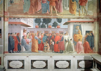 De Opwekking van de Zoon van Theophilus, de Koning van Antiochië, en St. Petrus als Eerste Bisschop van Antiochië, ca. 1427 en ca. 1480 door Tommaso Masaccio